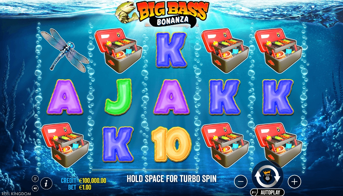 Big Bass Bonanza slot reels showing symbols and spin controls.